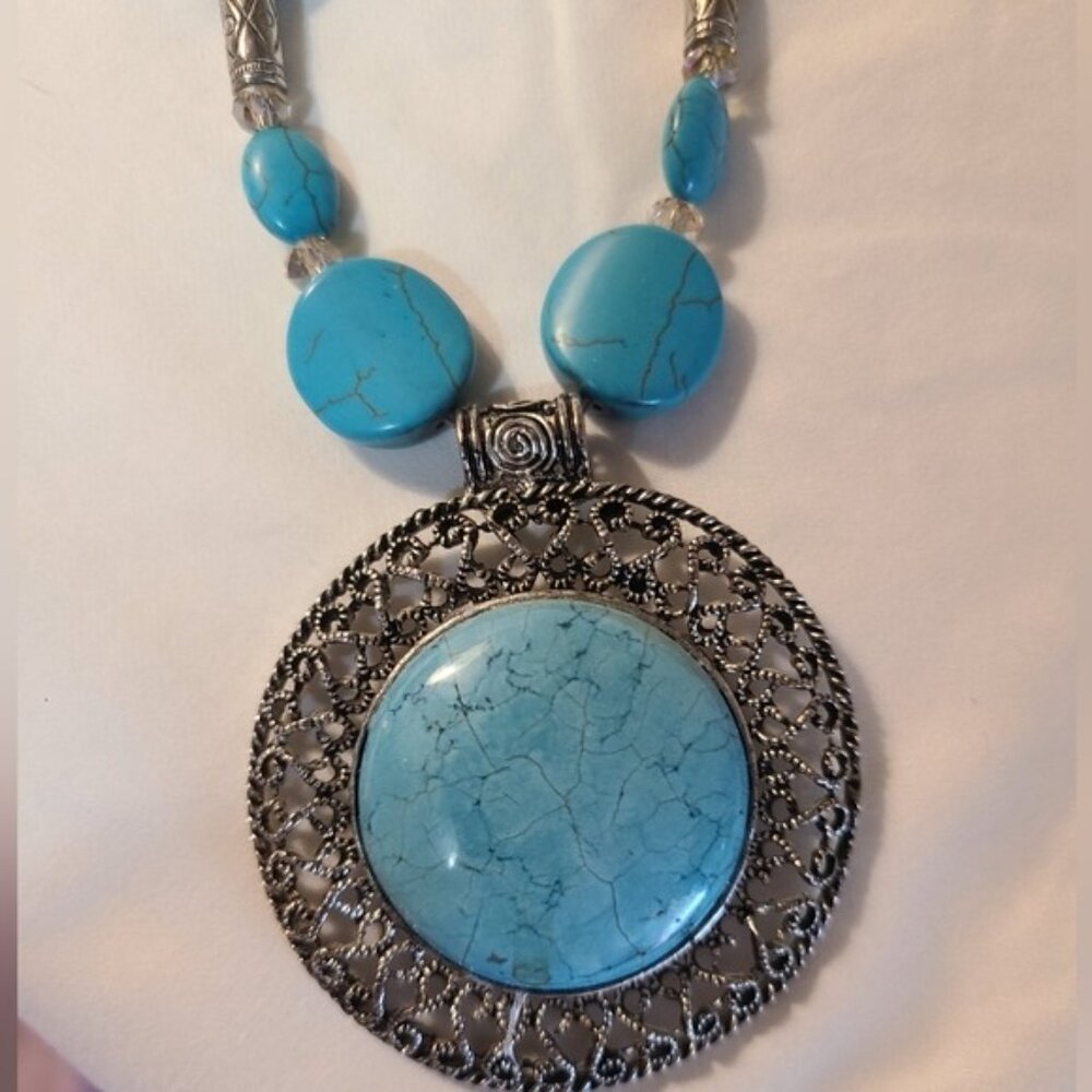 Turquoise & Silver Statement Necklace With Large Oval Pendant Beaded Design Wome - Picture 3 of 5